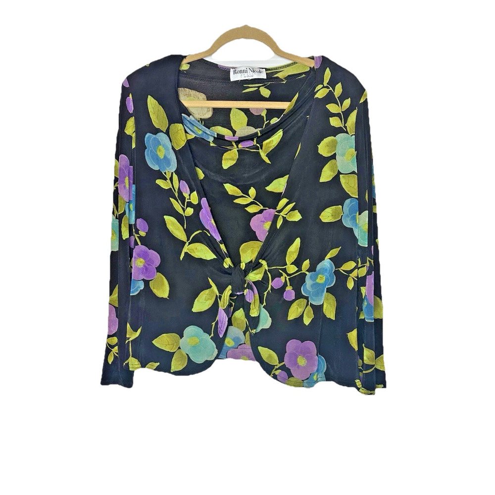 Vintage 2 Piece Set Ronni Nicole Medium Black Floral Cardigan & Top Cottage Core
